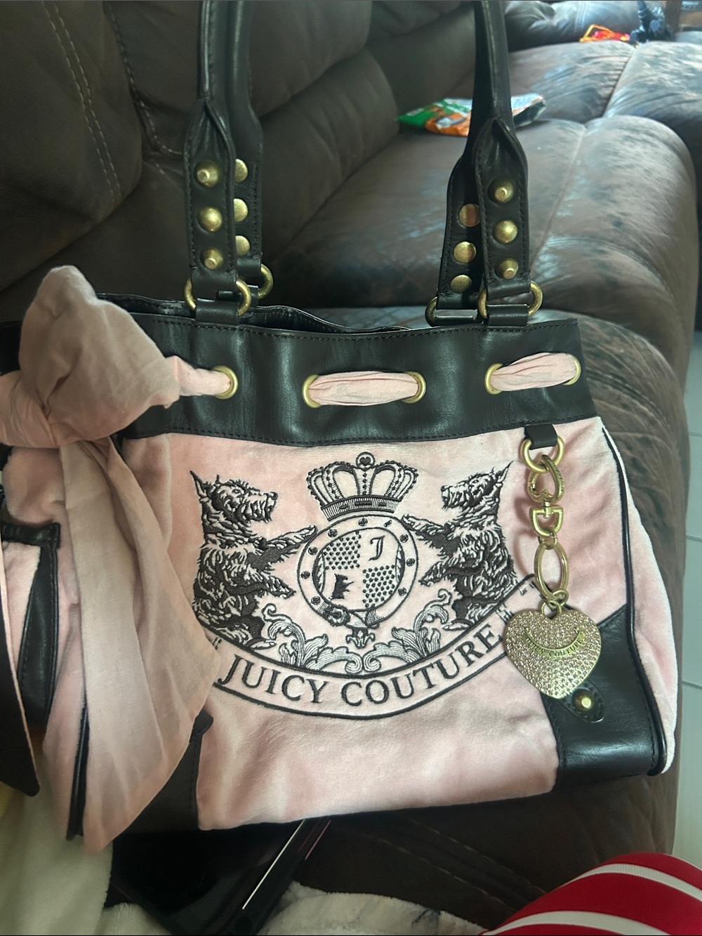 Juicy Couture Pink and Black Crest Tote with Heart Charm